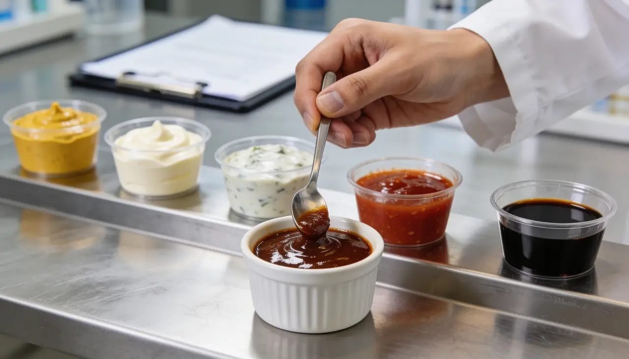 Sauce samples being tasted in a food lab