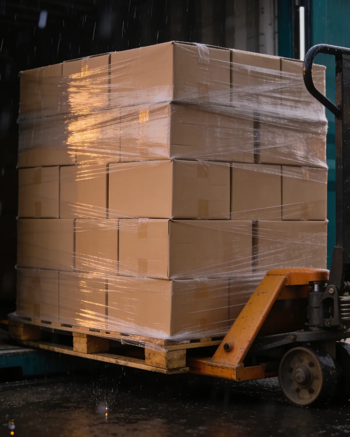 The last pallet going into a container at dusk