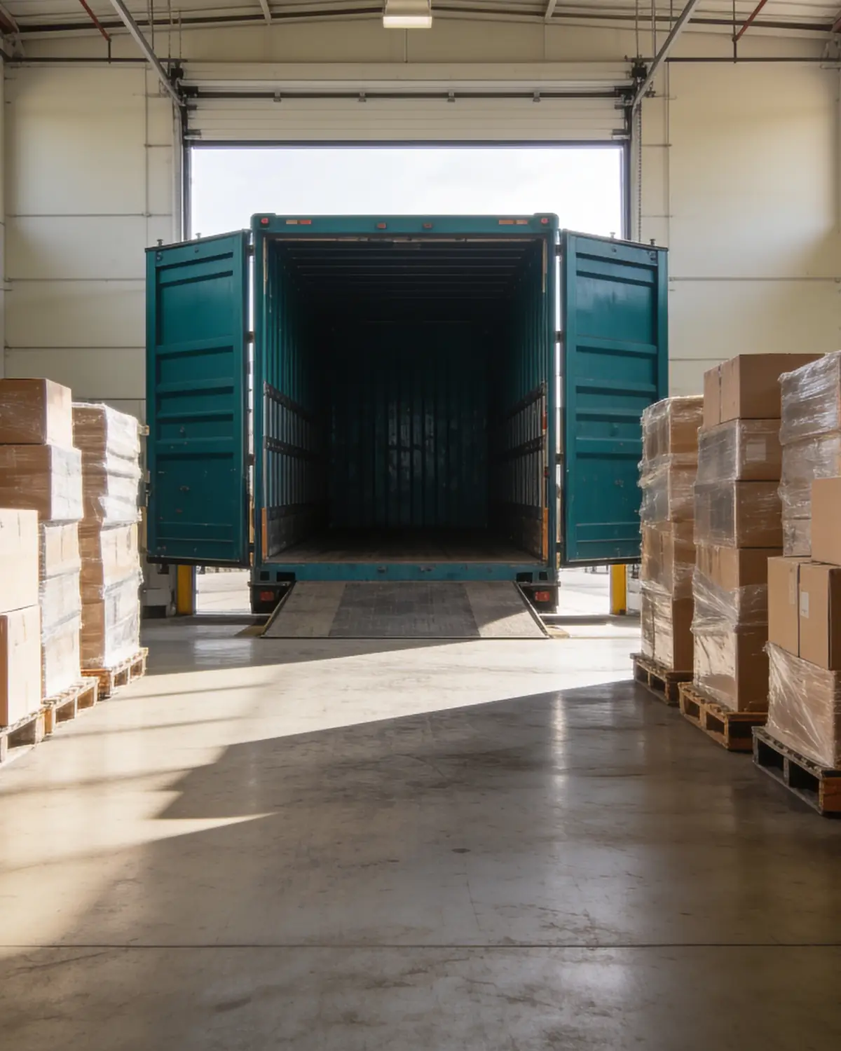 Pallets of cases staged in front of an open container